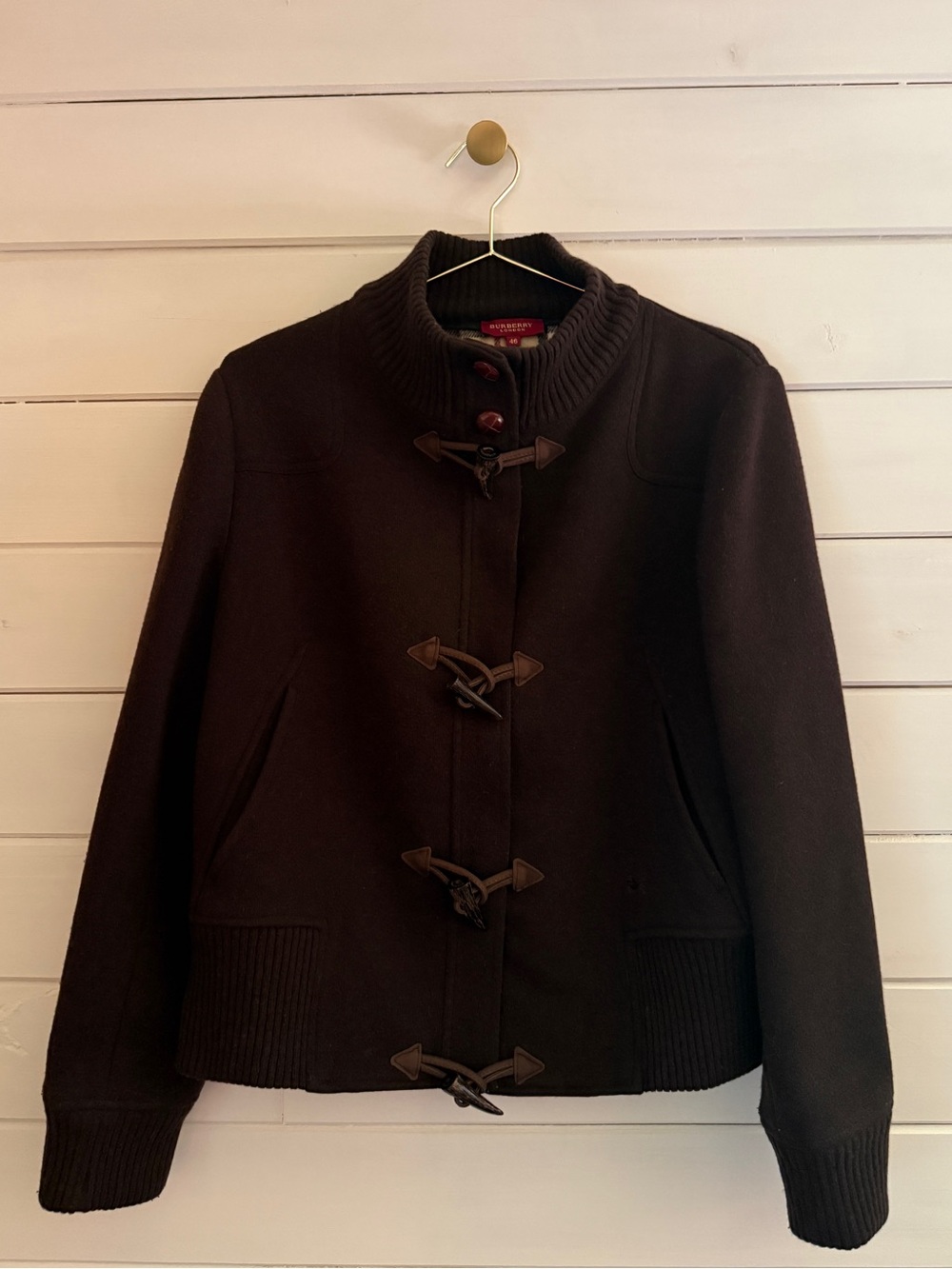 BURBERRY London Brown Wool Toggle Coat Nova Check Lining Women Sz IT 46/ US 12